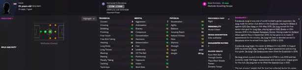 Frenkie de Jong's in-game profile on Football Manager 2022.
