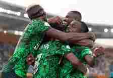 ADEMOLA OLAJIDE LOOKMAN (centre) of Nigeria celebrates scoring the winning goal with OGOCHUKWU FRANK ONYEKA, Victor Osimhen and MOSES DADDY SIMON d...