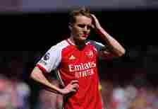 Martin Odegaard of Arsenal looks dejected during the Premier League match between Arsenal FC and AFC Bournemouth at Emirates Stadium on May 04, 202...