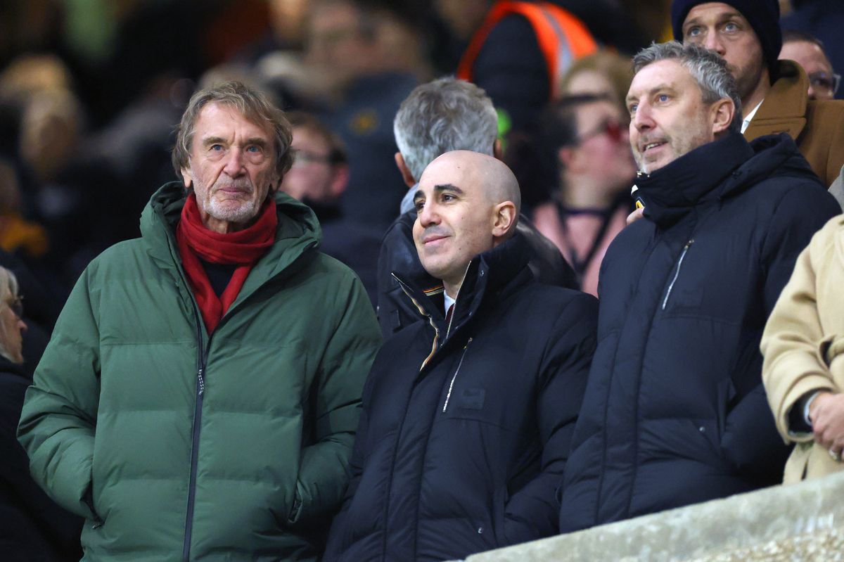 WOLVERHAMPTON, ENGLAND - DECEMBER 08:  Sir Jim Ratcliffe, co-owner of Manchester United with Director of Football Jason Wilcox and Omar Berrada, Chief Executive Officer during the Premier League match between Wolverhampton Wanderers and Manchester United at Molineux on December 08, 2025 in Wolverhampton, England. (Photo by Catherine Ivill - AMA/Getty Images)