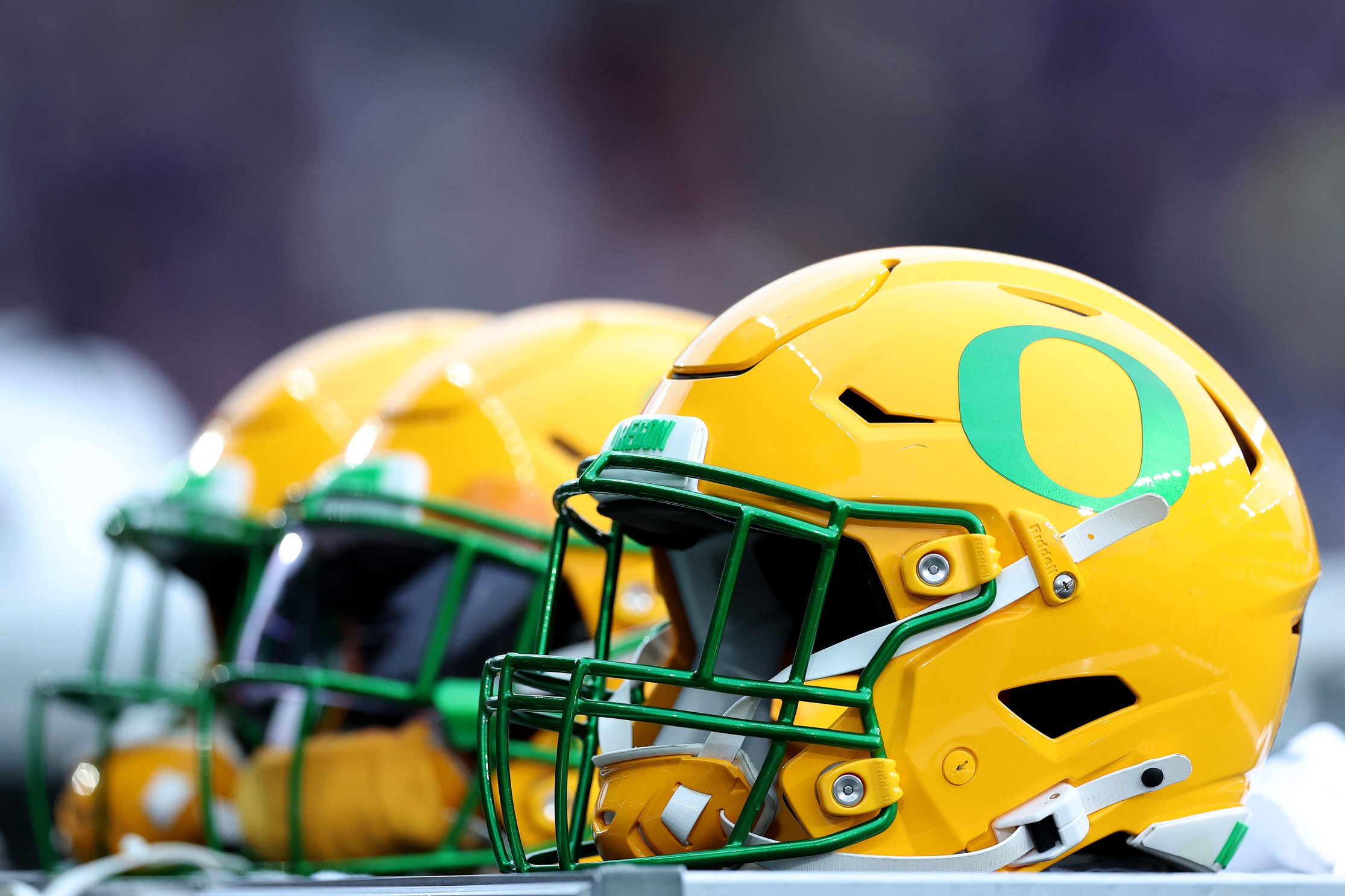 SEATTLE, WASHINGTON - NOVEMBER 29: A general view of Oregon Ducks football helmets during the second half against the Washington Huskies at Husky Stadium on November 29, 2025 in Seattle, Washington. (Photo by Steph Chambers/Getty Images)