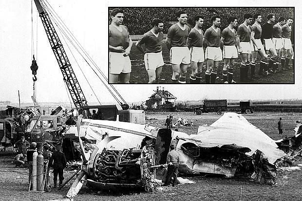 The site of the Munich Air Disaster, Inset - Manchester United players (Image credits - The Sun)