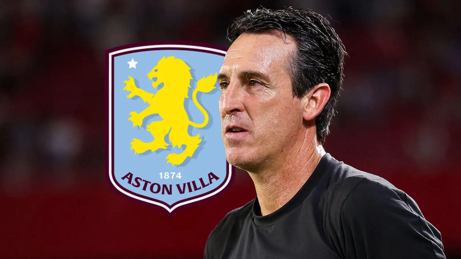 Aston Villa badge next to manager Unai Emery - copyright TEAMtalk