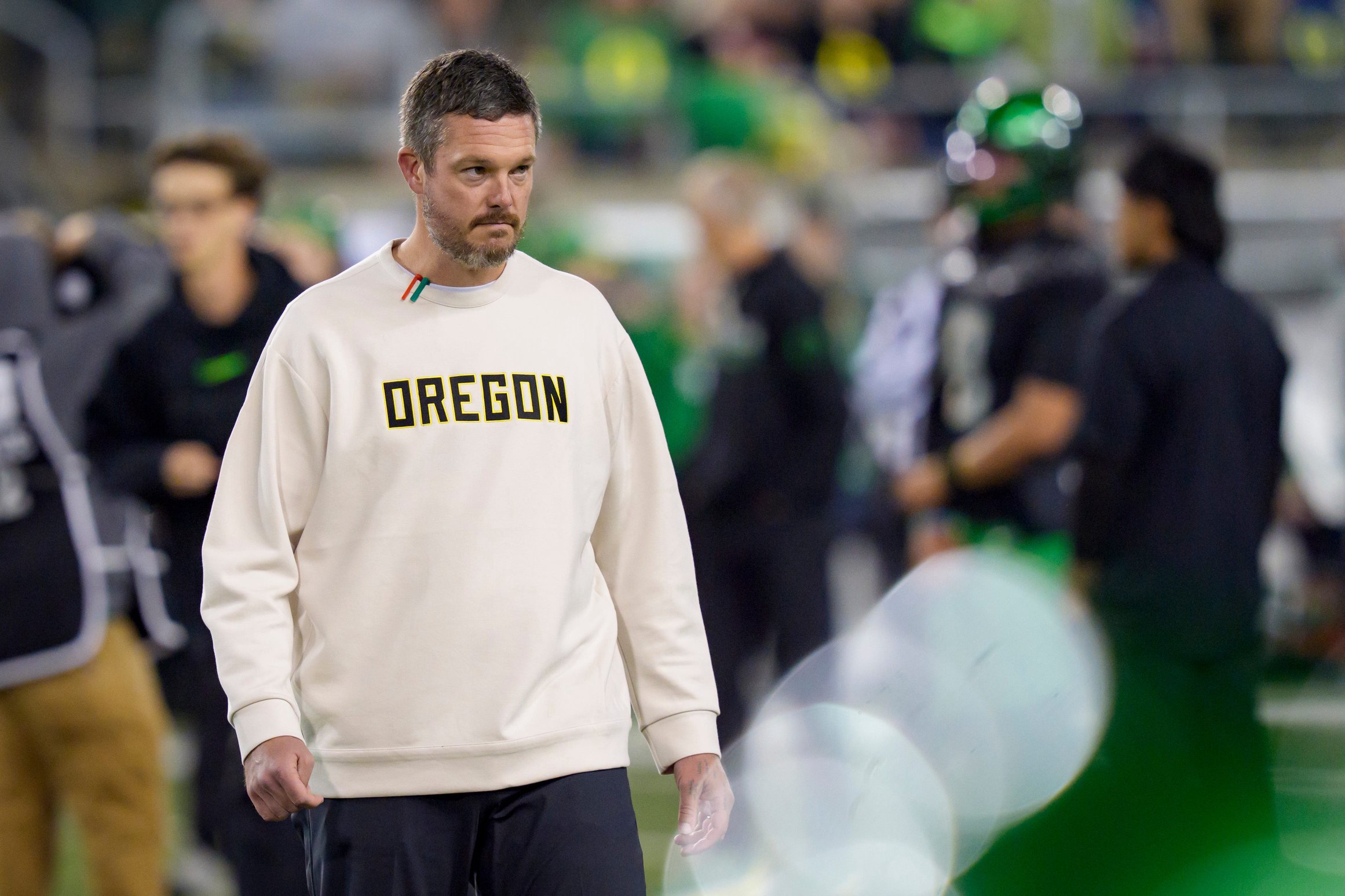 Oregon Ducks head coach Dan Lanning walks the field as the Oregon Ducks host the Nebraska Cornhuskers on Oct. 17, 2026, at Autzen Stadium in Eugene, Oregon.