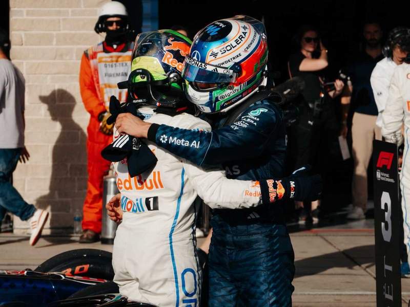 Red Bull Racing driver Isack Hadjar congratulated Mercedes driver Kimi Antonelli after the Qualifying session on Saturday. | Photo by Amber Heckler