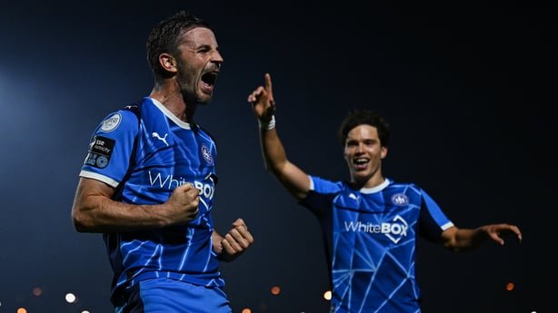 23 October 2026; Pádraig Amond of Waterford celebrates after scoring his side's third goal during the SSE Airtricity Men's Premier Division match between Waterford and Drogheda United at RSC in Waterford. Photo by Seb Daly/Sportsfile