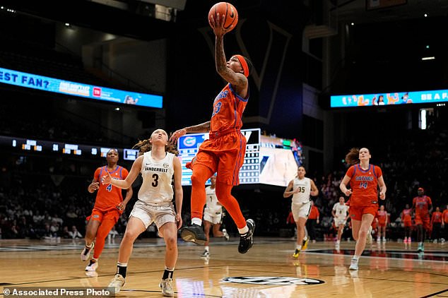 FILE - Florida guard Liv McGill (23) shoots the ball over Vanderbilt guard Aubrey Galvan (3) during the first half of an NCAA college basketball game, Feb. 1, 2026, in Nashville, Tenn. (AP Photo/George Walker IV, File)