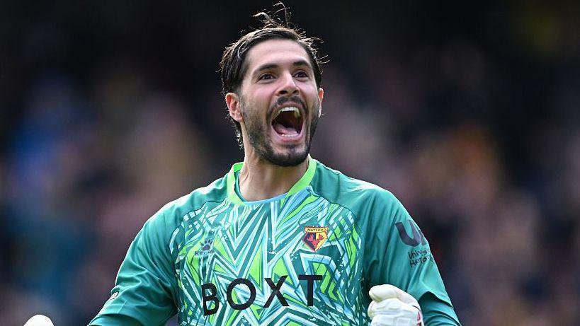 Watford goalkeeper Federico Ravaglia celebrates their huge 2-0 win over Charlton Athletic