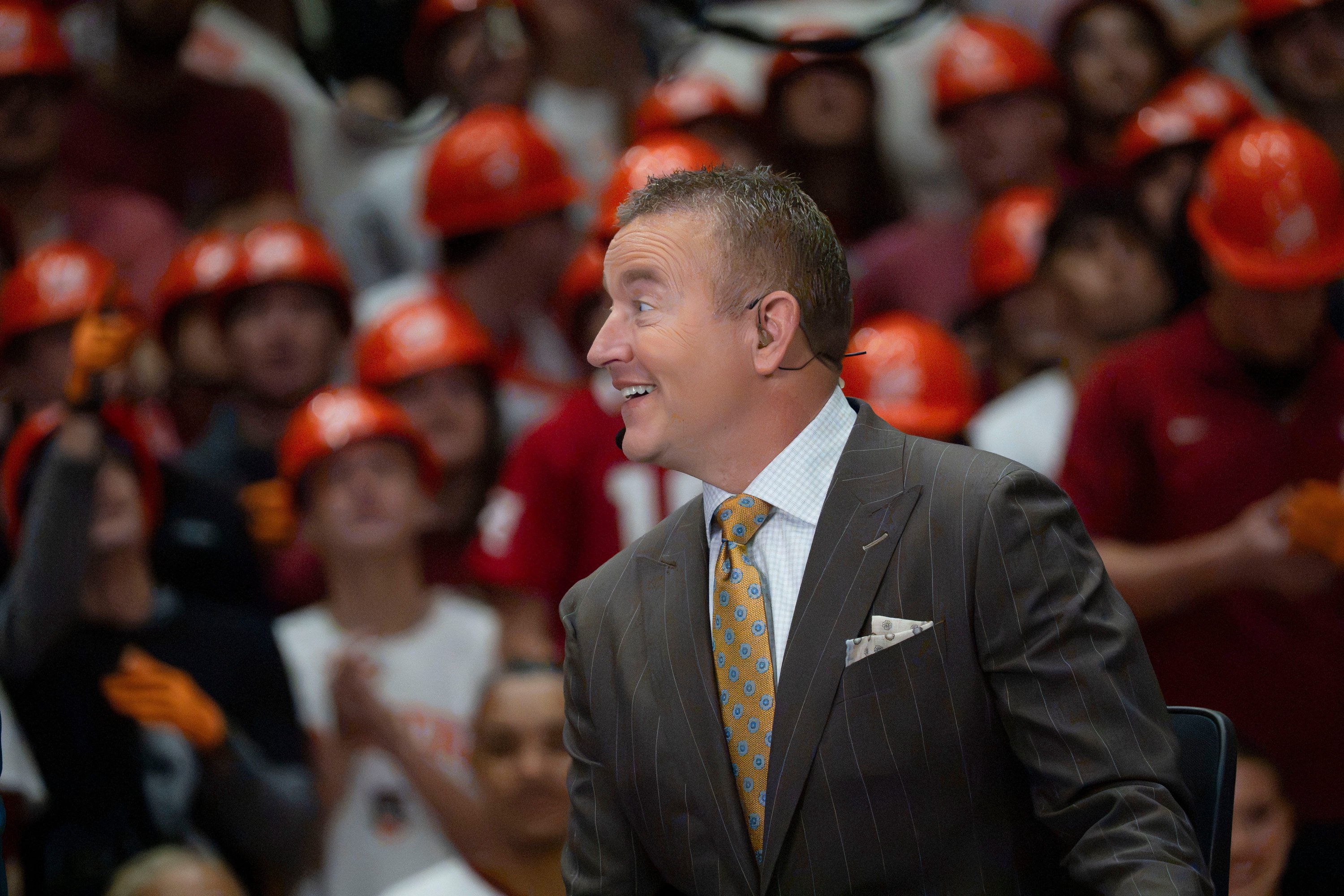 Oct. 10, 2026; Tuscaloosa, AL, USA;  ESPN’s College GameDay show airs from inside Coleman Coliseum to avoid the weather caused by Hurricane Isaias. Co-host Kirk Herbstreit talks on set during the show.