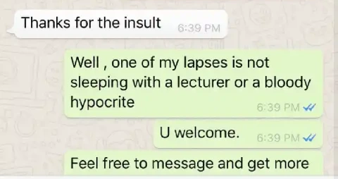 University girl leaks chat between herself and lecturer who wants to 'chop' her for grades (screenshots)