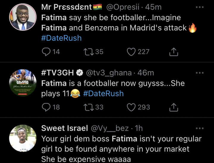Social Media reacts to Fatima's newfound talent on Daterush. 5