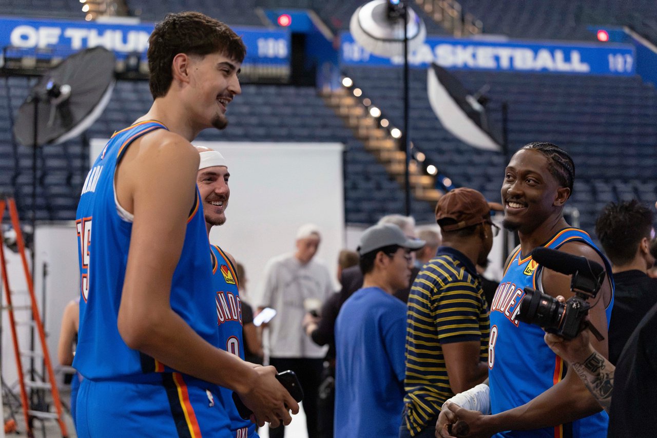 Sep 28, 2026; Oklahoma City, OK, USA; Oklahoma City Thunder center Aday Mara (15) and guard/forward Jalen Williams (8) talk during Oklahoma City Thunder Media Day at Paycom Center. Mandatory Credit: Alonzo Adams-Imagn Images