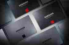 Multiple Samsung solid-state drives arranged in a pattern, showcasing the brand's storage solutions and technology.