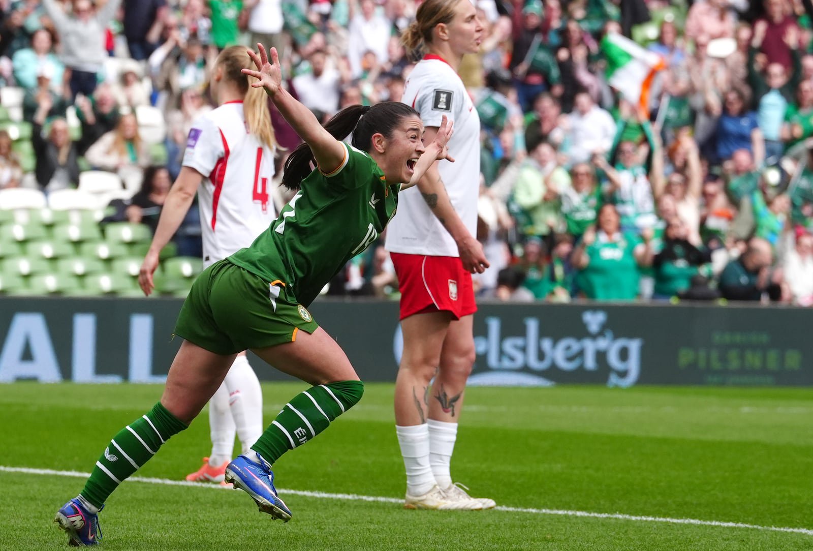Marissa Sheva celebrates after scoring for Ireland against Poland at the Aviva Stadium in April. Photograph: Brian Lawless/PA
