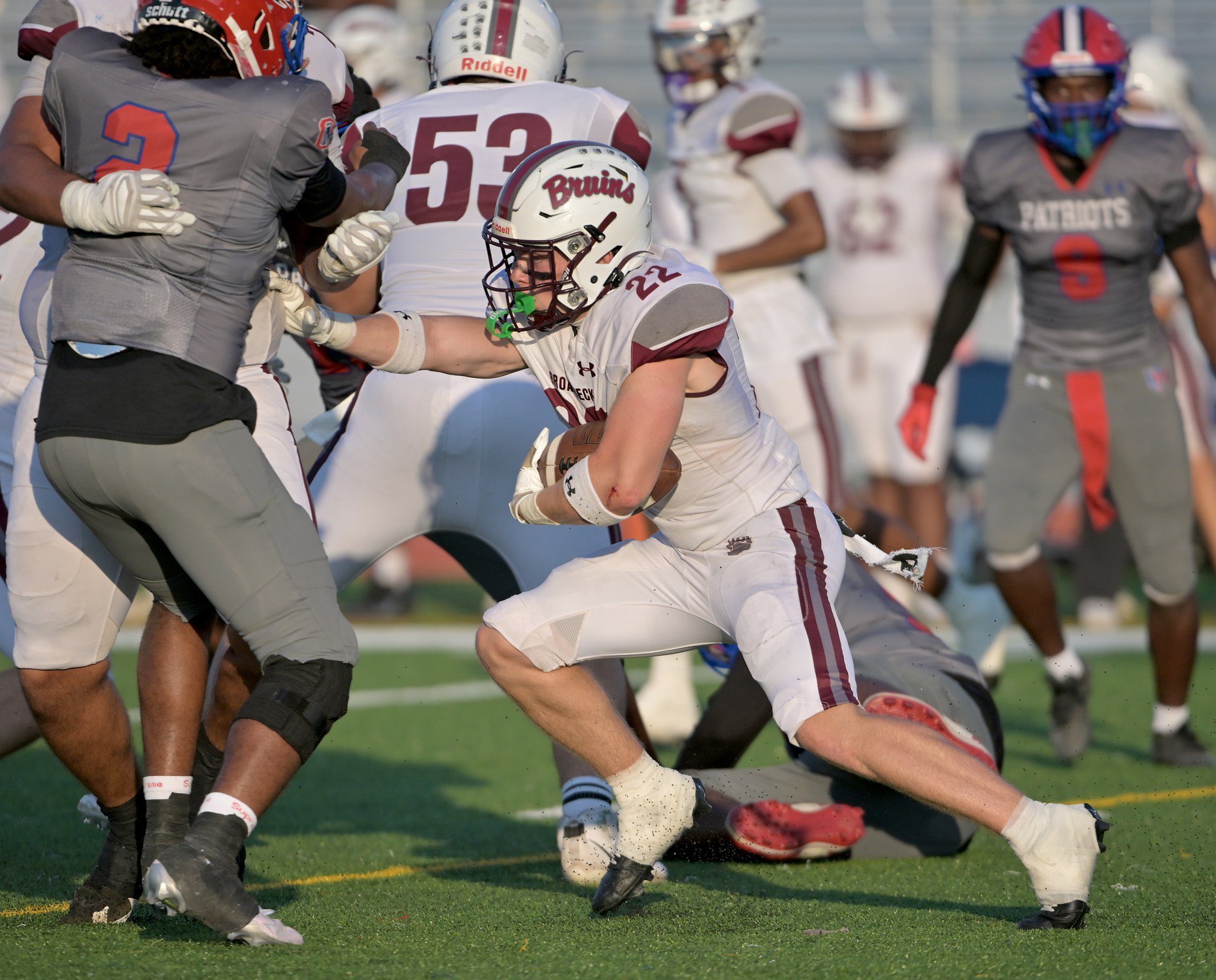 Broadneck Bruins Jack Schlein #22 gains 9 yards on a run in the second quarter. The Old Mill Patriots host the visiting Broadneck Bruins in high school football at the Severn Run High School. (Paul W. Gillespie/Staff)