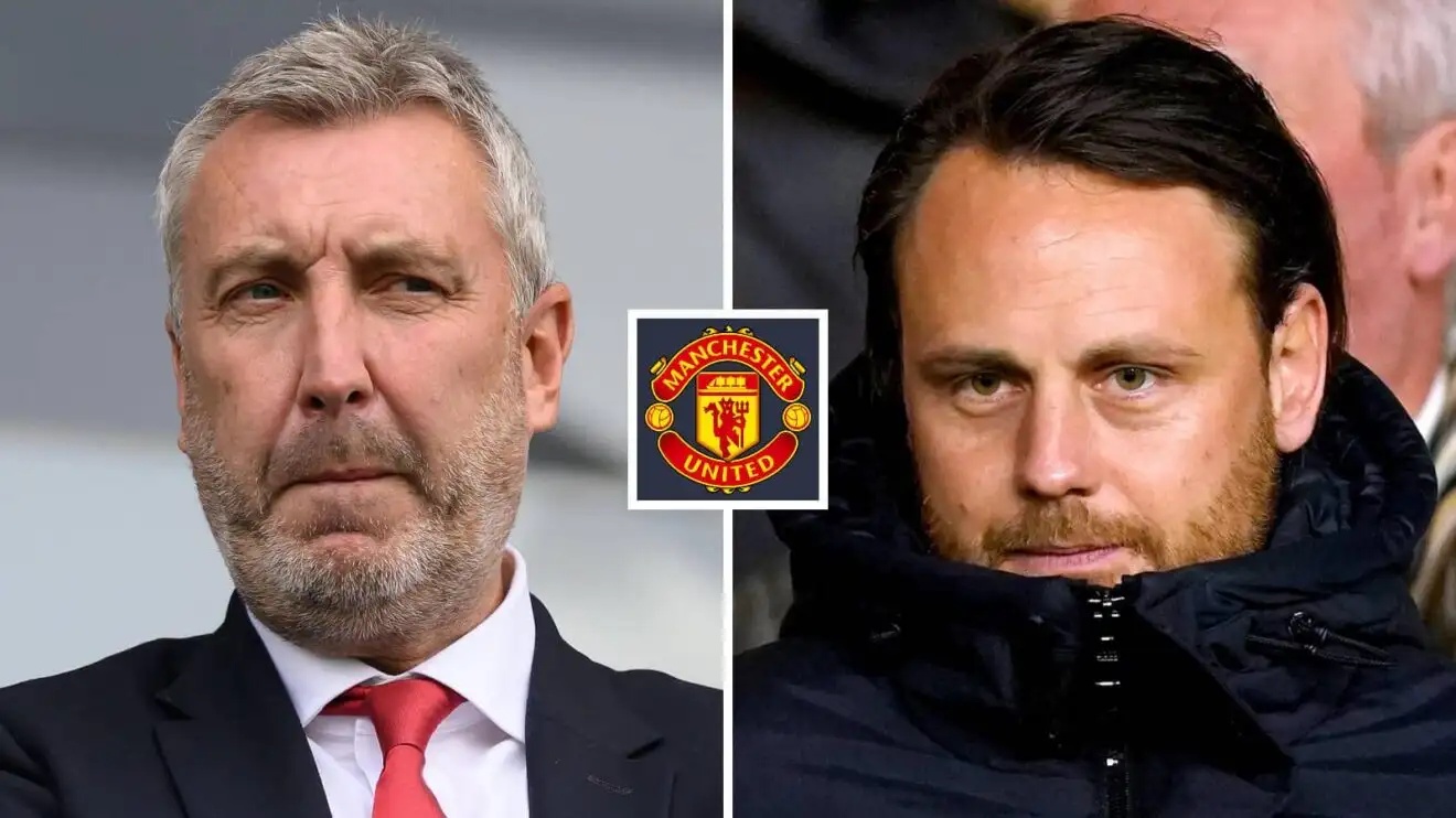 Split image of Man Utd duo Jason Wilcox and Christopher Vivell, with the Manchester United badge in between - copyright F365