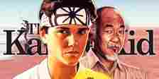 A vintage artistic rendering of protagonist Daniel LaRusso and his teacher, Mr. Miyagi, against a beach background.