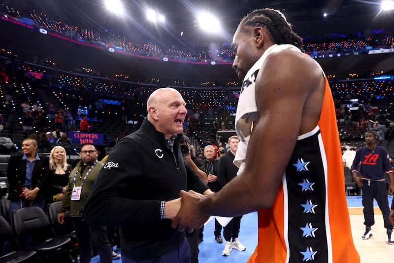 Owner Steve Ballmer of the Los Angeles Clippers congratulates Kawhi Leonard. Photograph: Katelyn Mulcahy/Getty