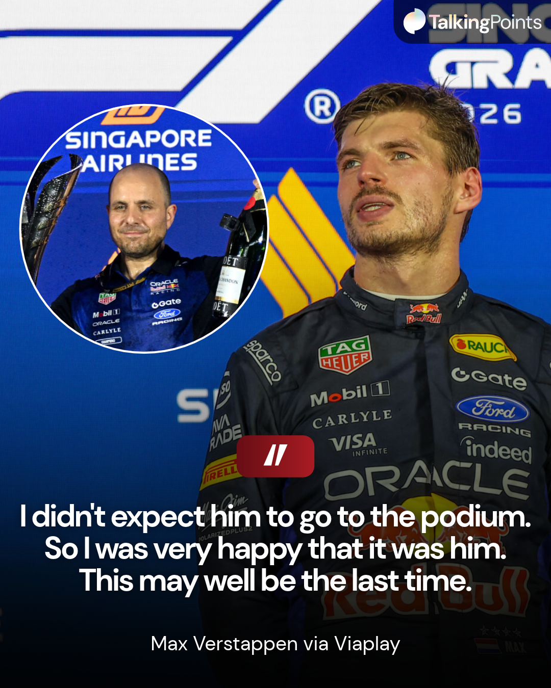 Max Verstappen on the top step of the podium in his Red Bull overalls after the 2026 Singapore Grand Prix, Max Verstappen and Gianpiero Lambiase celebrating their victory on the podium after the 2026 Singapore Grand Prix