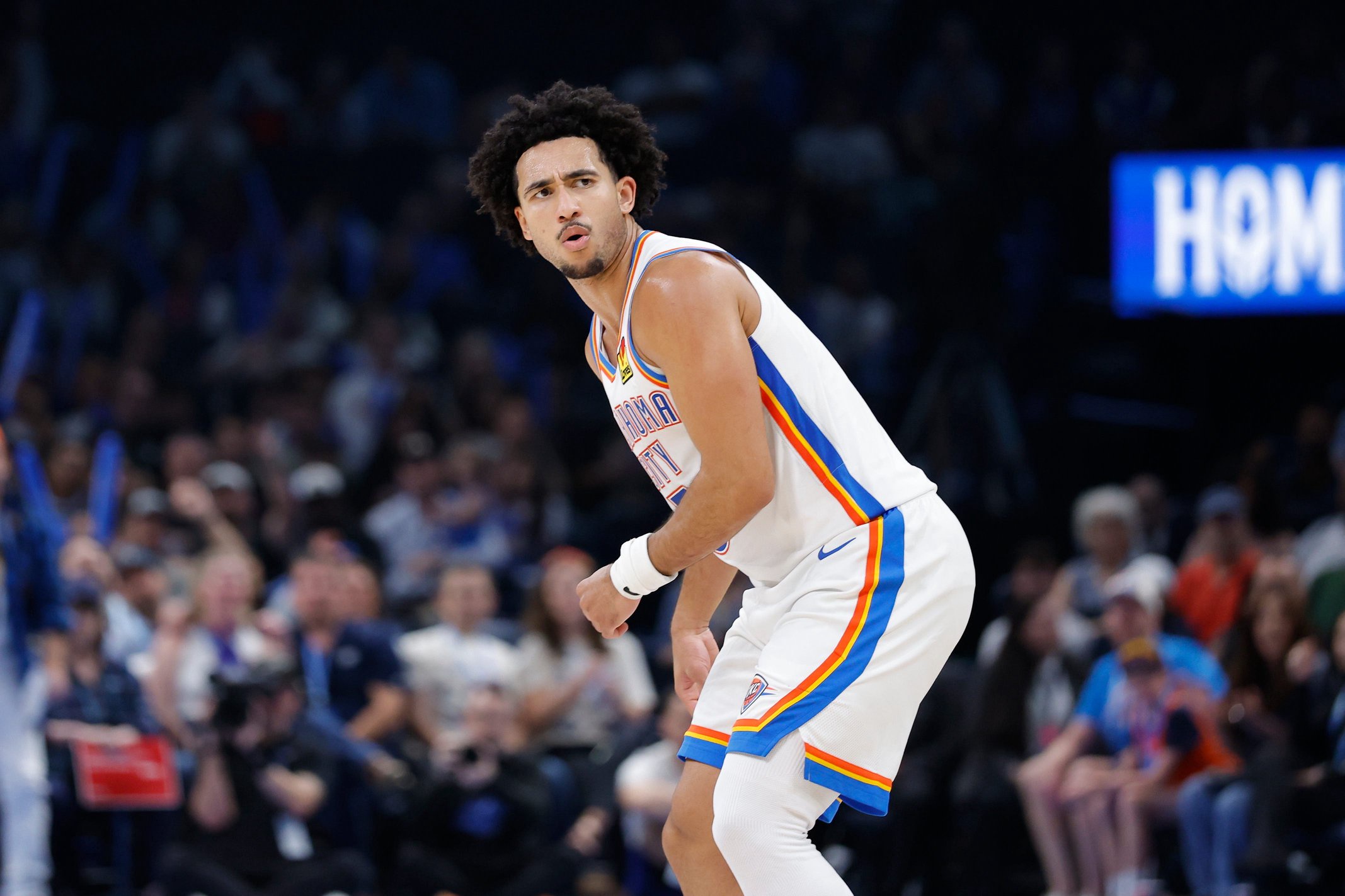 Oct 13, 2026; Oklahoma City, Oklahoma, USA; Oklahoma City Thunder guard Jared McCain (3) watches as his shot hits the rim against the Indiana Pacers during the second half at Paycom Center. Mandatory Credit: Alonzo Adams-Imagn Images