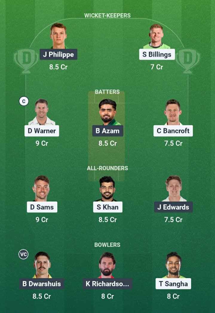 Screenshot from Dream11 app. Possible XIs, Fantasy Cricket Tips, Sydney Showground Pitch Report & Dream11 Prediction for the 7th Match of BBL 2025/26: THU vs SIX Today