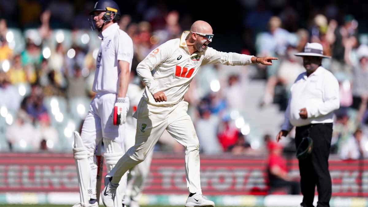 Nathan Lyon celebrates the wicket of England’s Ben Stokes on day four