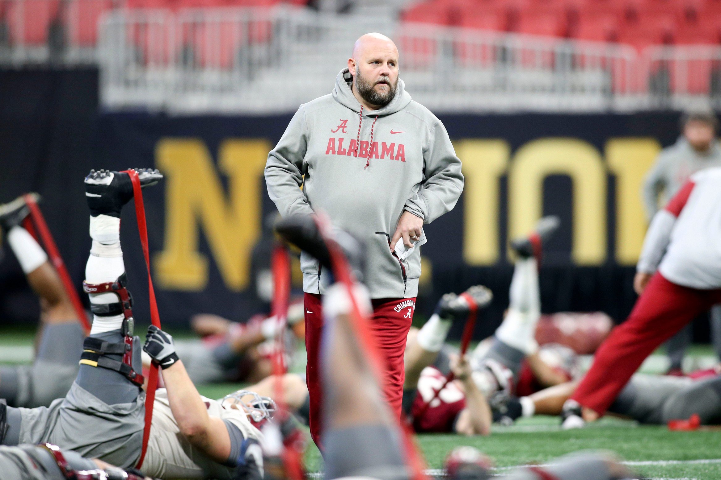 Jan 6, 2018; Atlanta, GA, USA; Alabama Crimson Tide offensive coordinator Brian Daboll during practice at Mercedes-Benz Stadium. Mandatory Credit: Brett Davis-USA TODAY Sports