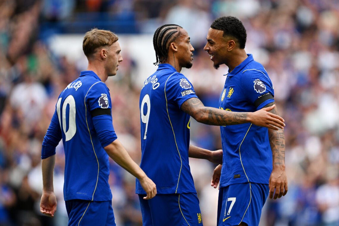 Joao Pedro of Chelsea celebrates scoring his team’s third goal with Morgan Rogers and Cole Palmer during the Premier League 2026/27 match between Chelsea FC and Brighton &amp; Hove Albion