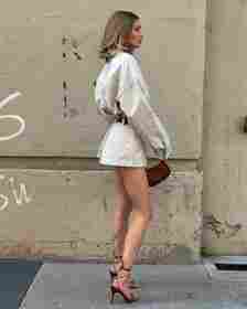 Model Elsa Hosk wore a belted khaki coordinate set from her namesake label Helsa Studio. 