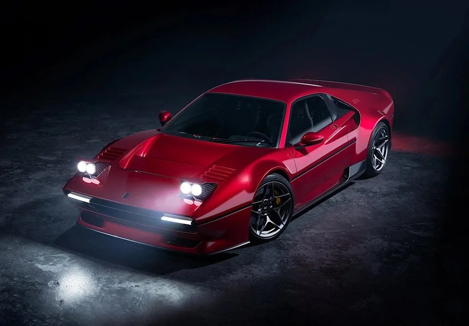 Sleek red sports car with prominent headlights parked in a dimly lit environment.