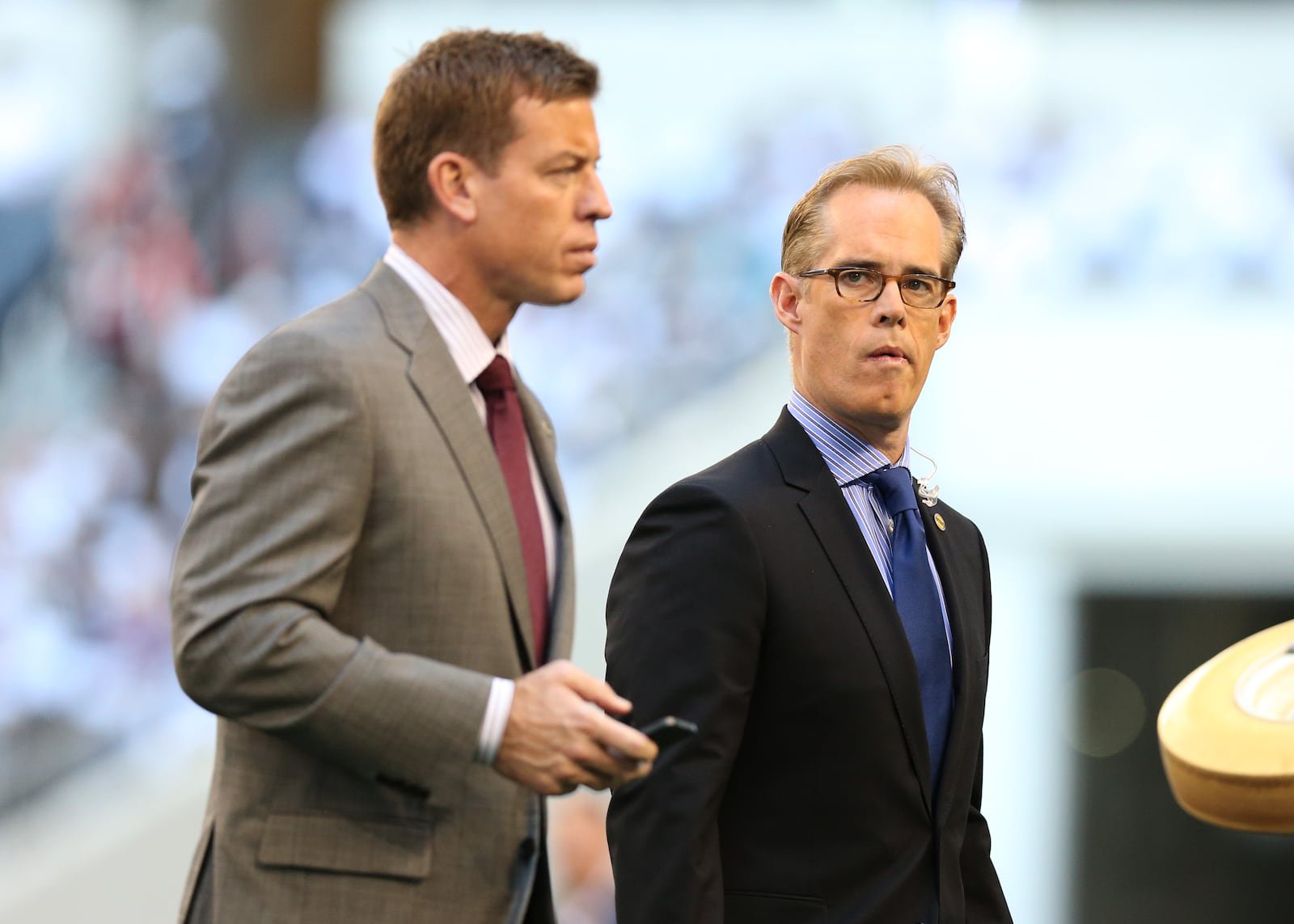 Nov 22, 2012; Arlington, TX, USA; Fox announcers Troy Aikman (left) and Joe Buck on the field prior to the game with the Dallas Cowboys playing against the Washington Redskins on Thanksgiving at Cowboys Stadium. Mandatory Credit: Matthew Emmons-USA TODAY Sports