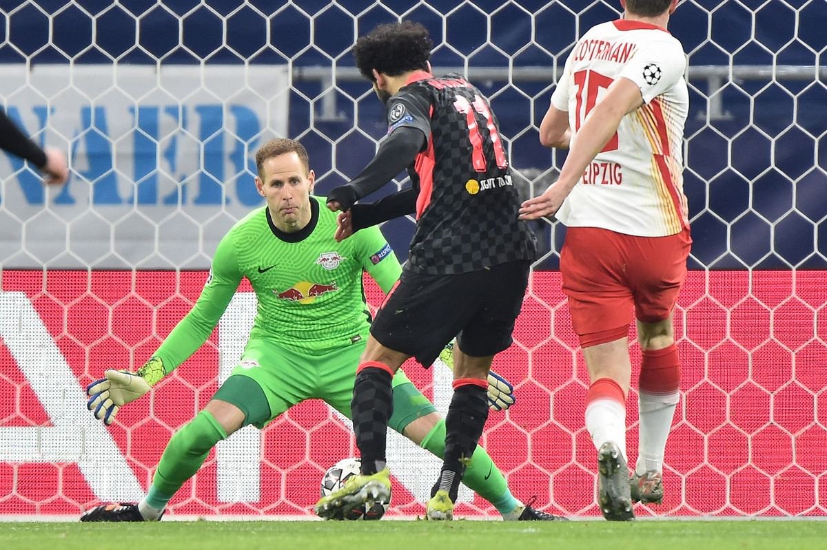 Peter Gulacsi playing for RB Leipzig vs Liverpool