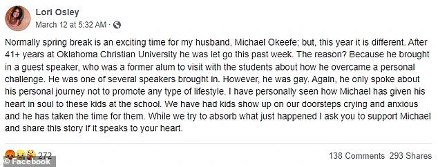 Lori Osley on Saturday wrote about her husband's firing from the Christian university