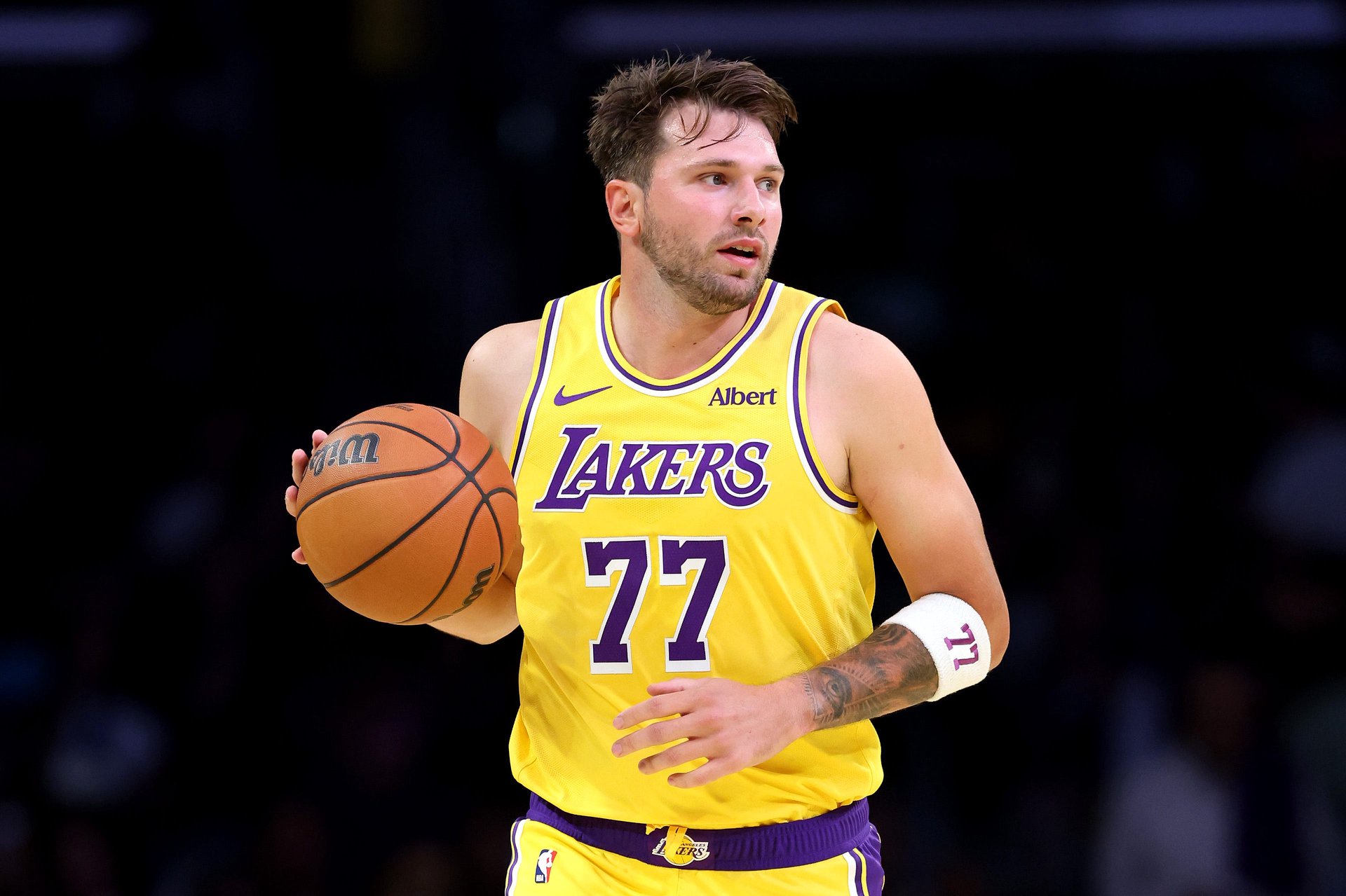 Luka Doncic of the Los Angeles Lakers dribbles the ball against the Sacramento Kings during a preseason game at Crypto.com Arena on Oct. 8, 2026.