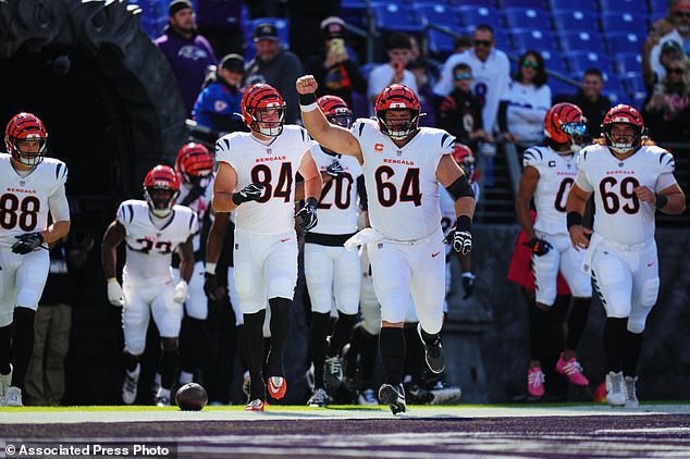 Cincinnati Bengals players take the field for warmups before an NFL football game against the Baltimore Ravens in Baltimore, Sunday, Oct. 25, 2026. (AP Photo/Stephanie Scarbrough)