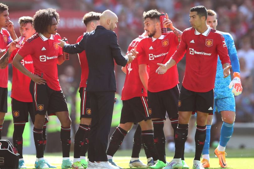 Manchester United manager Erik ten Hag chats with Christiano Ronaldo