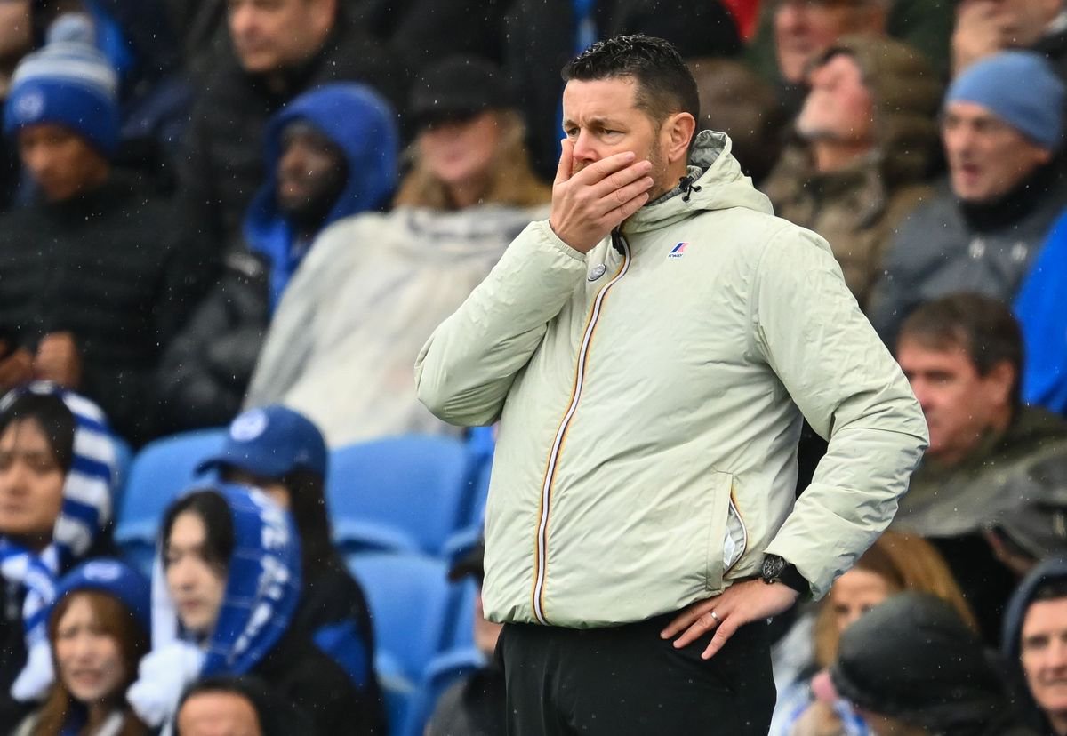 Brighton & Hove Albion vs. Crystal Palace - the Amex (American Express Falmer Stadium) - Sunday 18th October 2026. Crystal Palace manager Pierre Sage looks on as they concede 3 first half goals
