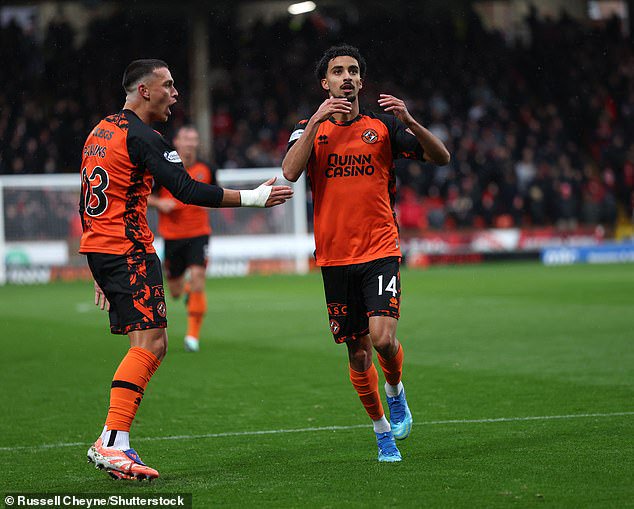 Zidane Iqbal celebrates his goal in the thrilling 3-2 victory over Aberdeen