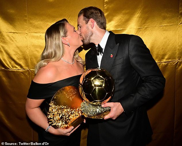 Kane and his wife Kate shared a kiss after he won the striker award (left) and Ballon d'Or (right) on Monday night