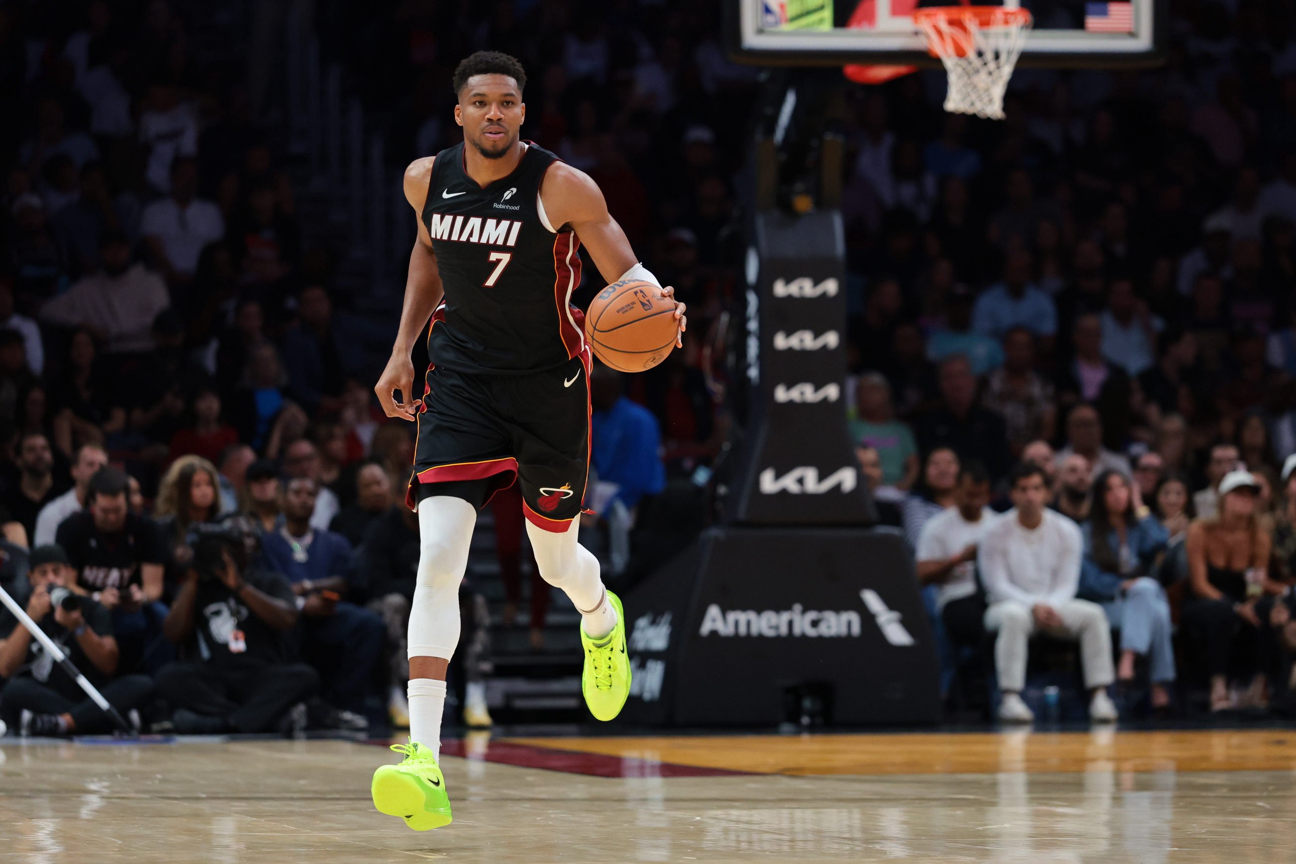 Oct 23, 2026; Miami, Florida, USA; Miami Heat forward Giannis Antetokounmpo (7) dribbles the basketball against the Detroit Pistons during the second quarter at Kaseya Center. Mandatory Credit: Sam Navarro-Imagn Images