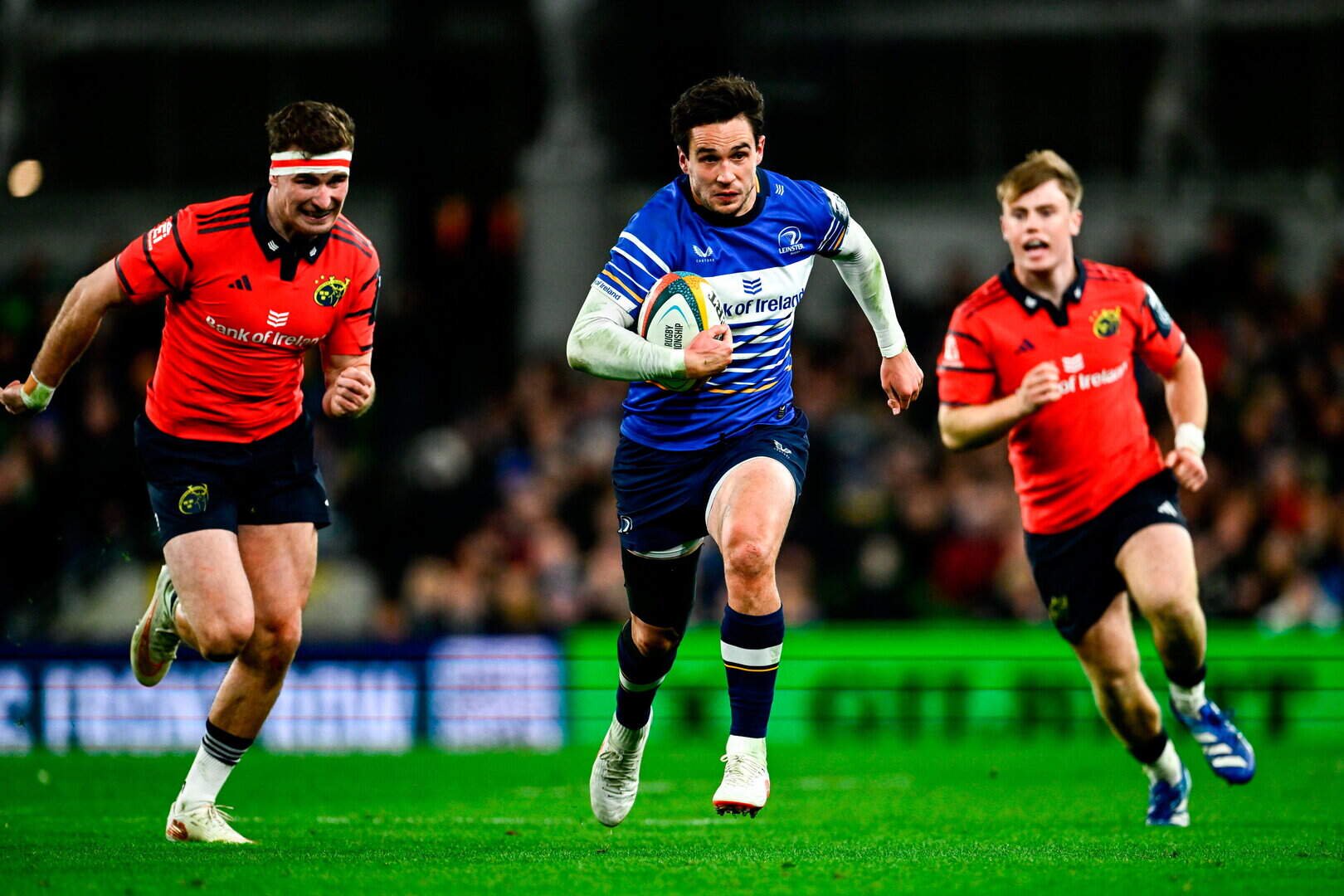 Leinster’s Joey Carbery makes a break during the United Rugby Championship match against Munster last weekend 