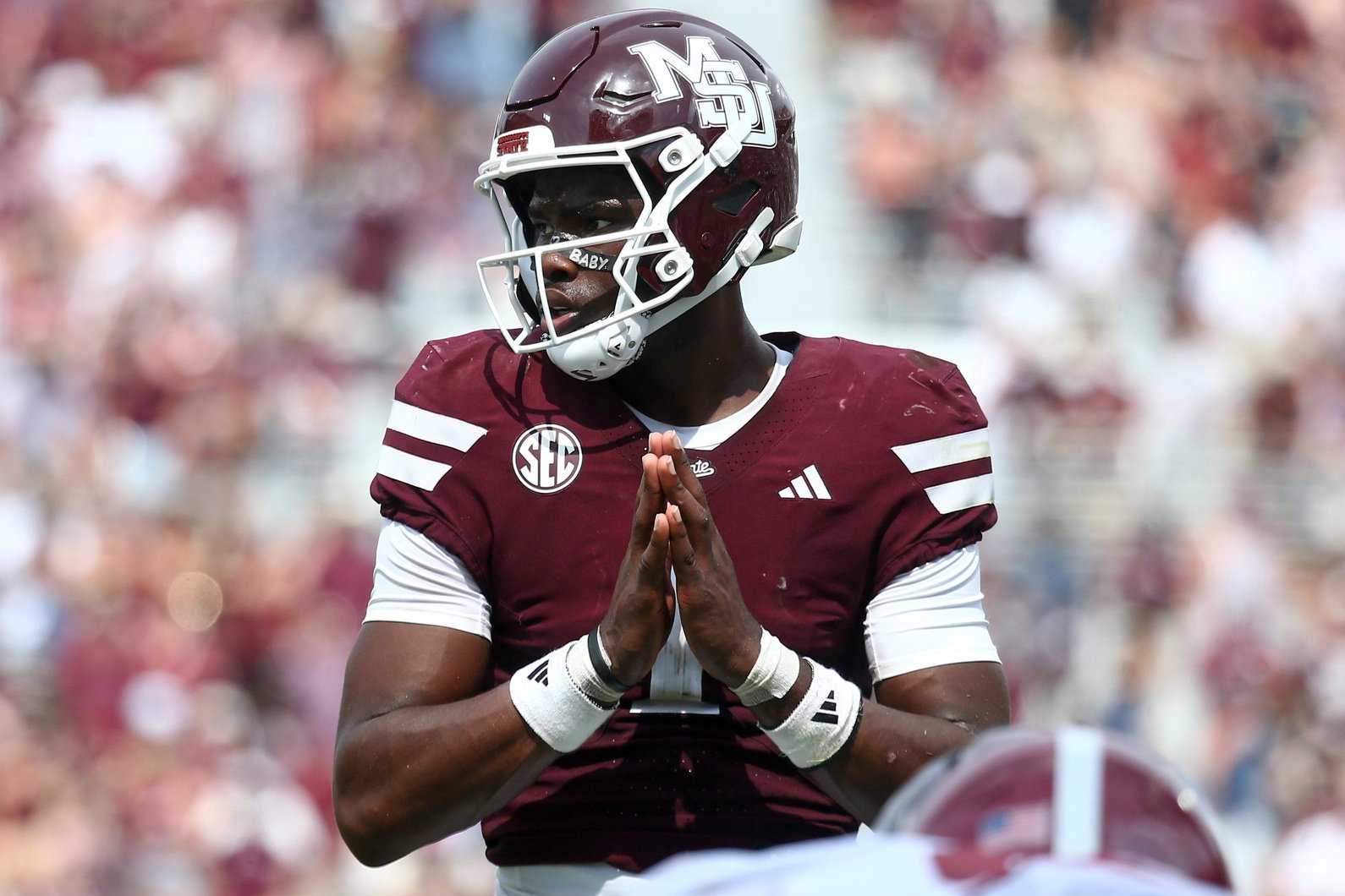 Oct 3, 2026; Starkville, Mississippi, USA; Mississippi State Bulldogs quarterback Kamario Taylor (1) waits for the snap during the third quarter against the Alabama Crimson Tide at Davis Wade Stadium at Scott Field. Mandatory Credit: Petre Thomas-Imagn Images