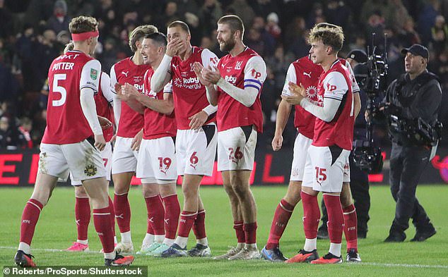 Fleetwood Town players before the winning penalty during the EFL Cup match against Arsenal