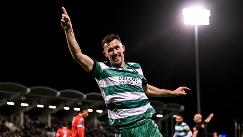 23 October 2026; Aaron Greene of Shamrock Rovers celebrates after scoring his side's third goal during the SSE Airtricity Men's Premier Division match between Shamrock Rovers and Sligo Rovers at Tallaght Stadium in Dublin. Photo by Stephen McCarthy/Sports