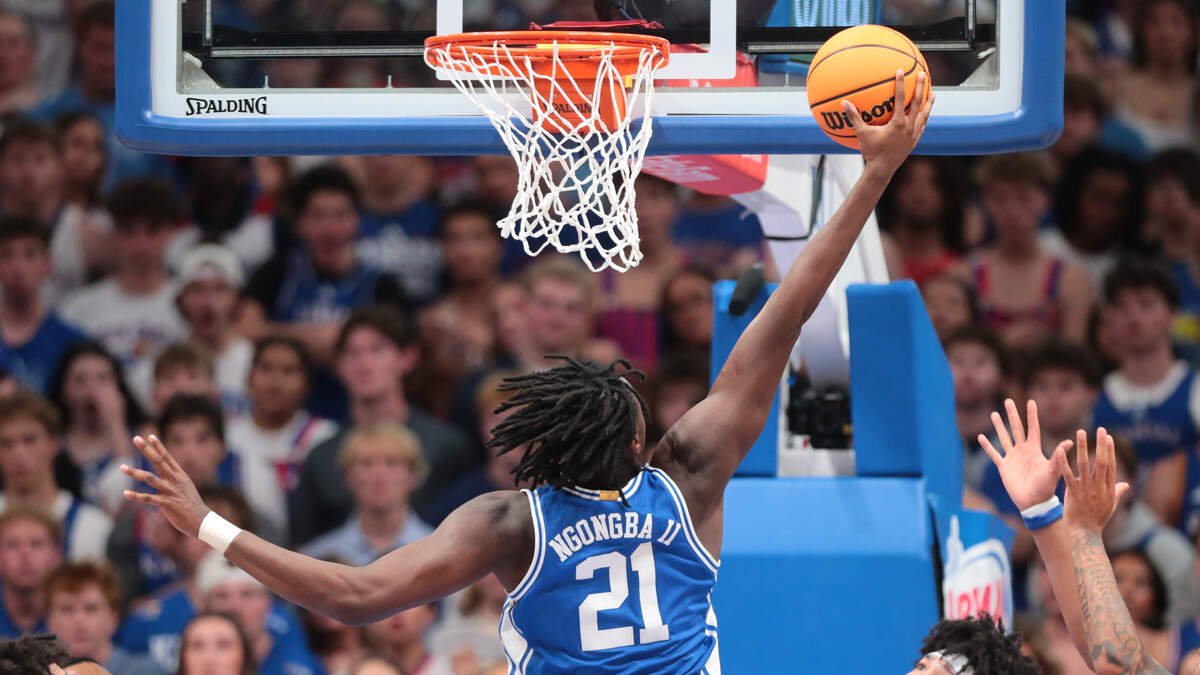 Duke Blue Devils center Patrick Ngongba II (21) shoots a lay up against Kansas Jayhawks during the exhibition game inside Allen Fieldhouse in Lawrence, Kansas on Oct. 25, 2026.