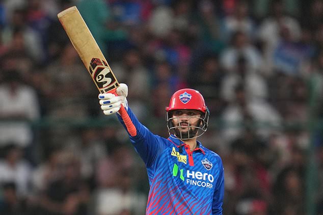 Delhi Capitals' Sameer Rizvi celebrates his fifty runs during the Indian Premier League cricket match between Delhi Capitals and Mumbai Indians in New Delhi, India, Saturday, April. 4, 2026. (AP Photo/Manish Swarup)