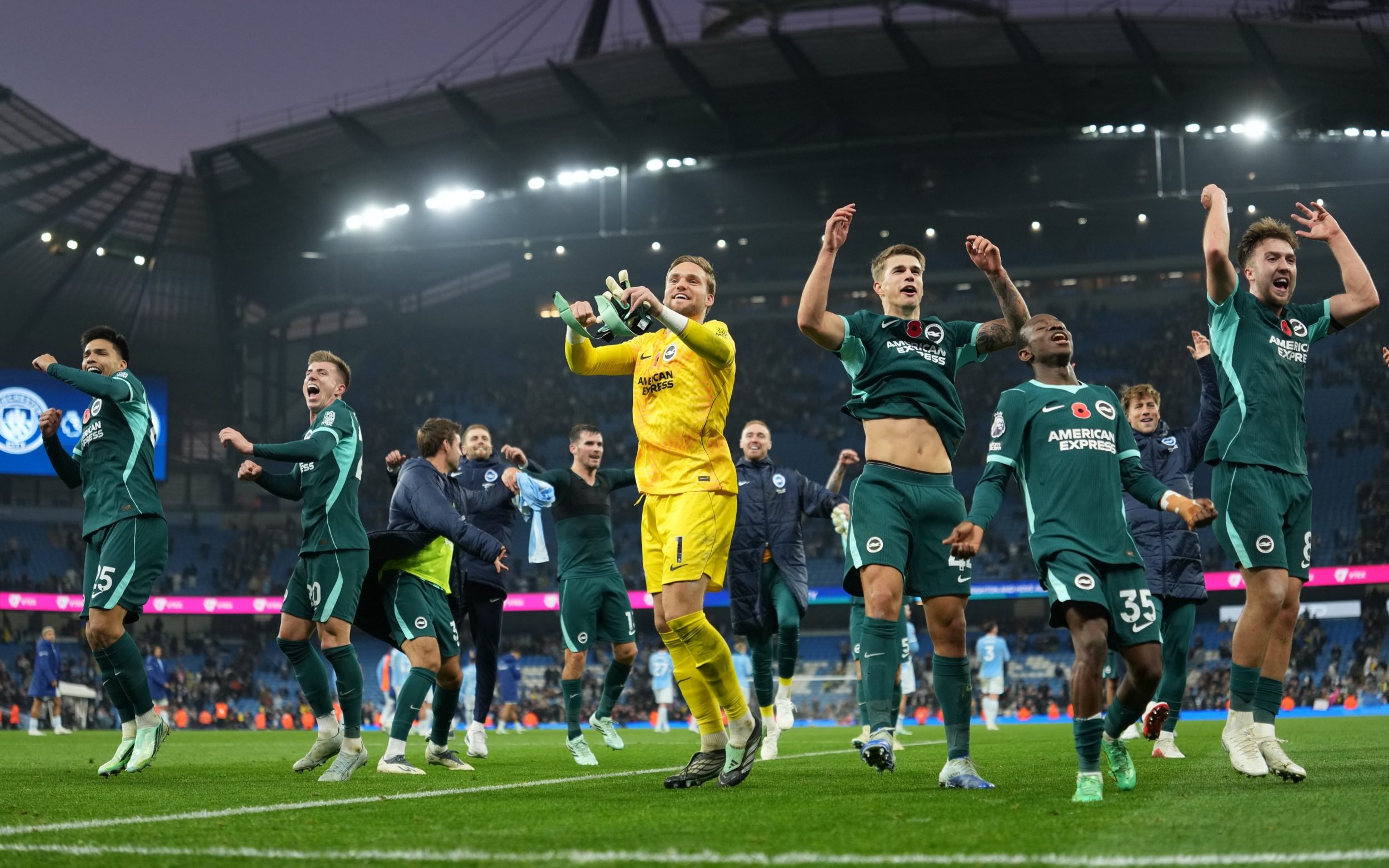 Brighton players celebrate after the English Premier League