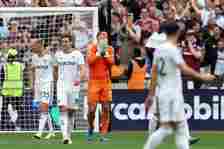 Joel Robles of Leeds United reacts during the Premier League match between West Ham United and Leeds United at London Stadium on May 21, 2023 in Lo...