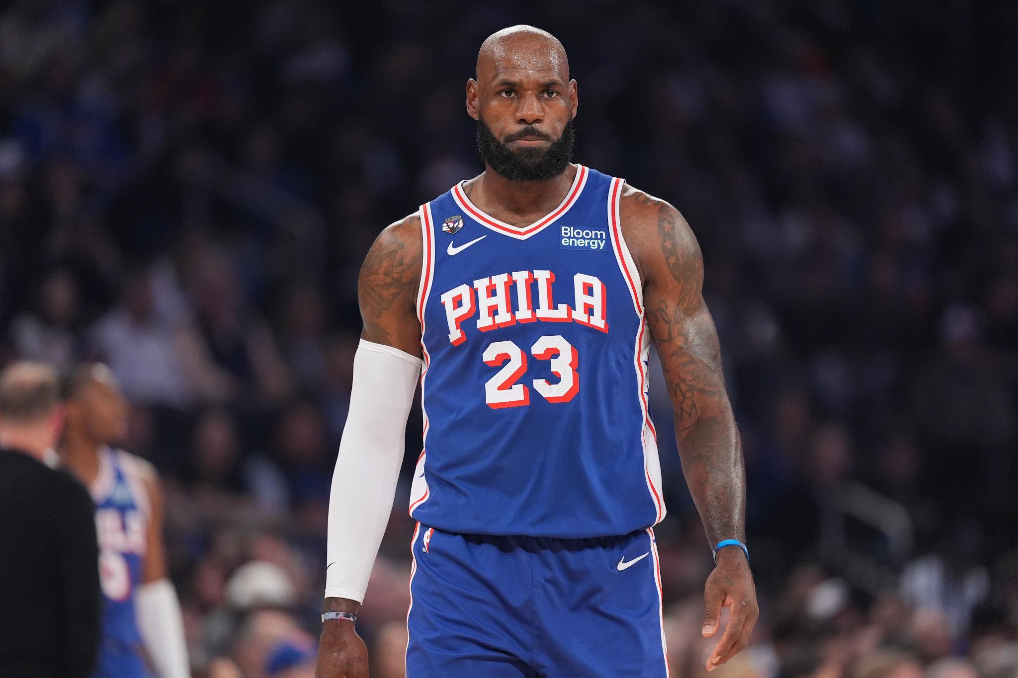 Philadelphia 76ers forward LeBron James looks on during the first half of an NBA basketball game against the New York Knicks Tuesday, Oct. 20, 2026, in New York.