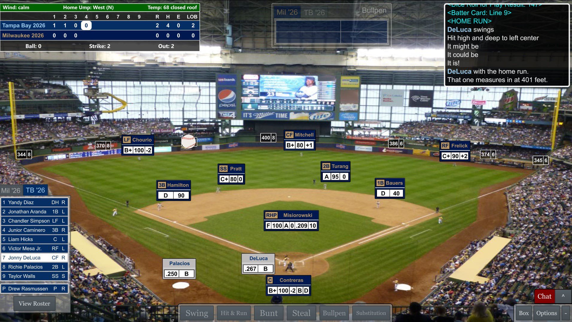 A screenshot of Jonny DeLuca's 401-foot solo homer to left in the fourth inning of Game 1 in the 2026 Simulated World Series.